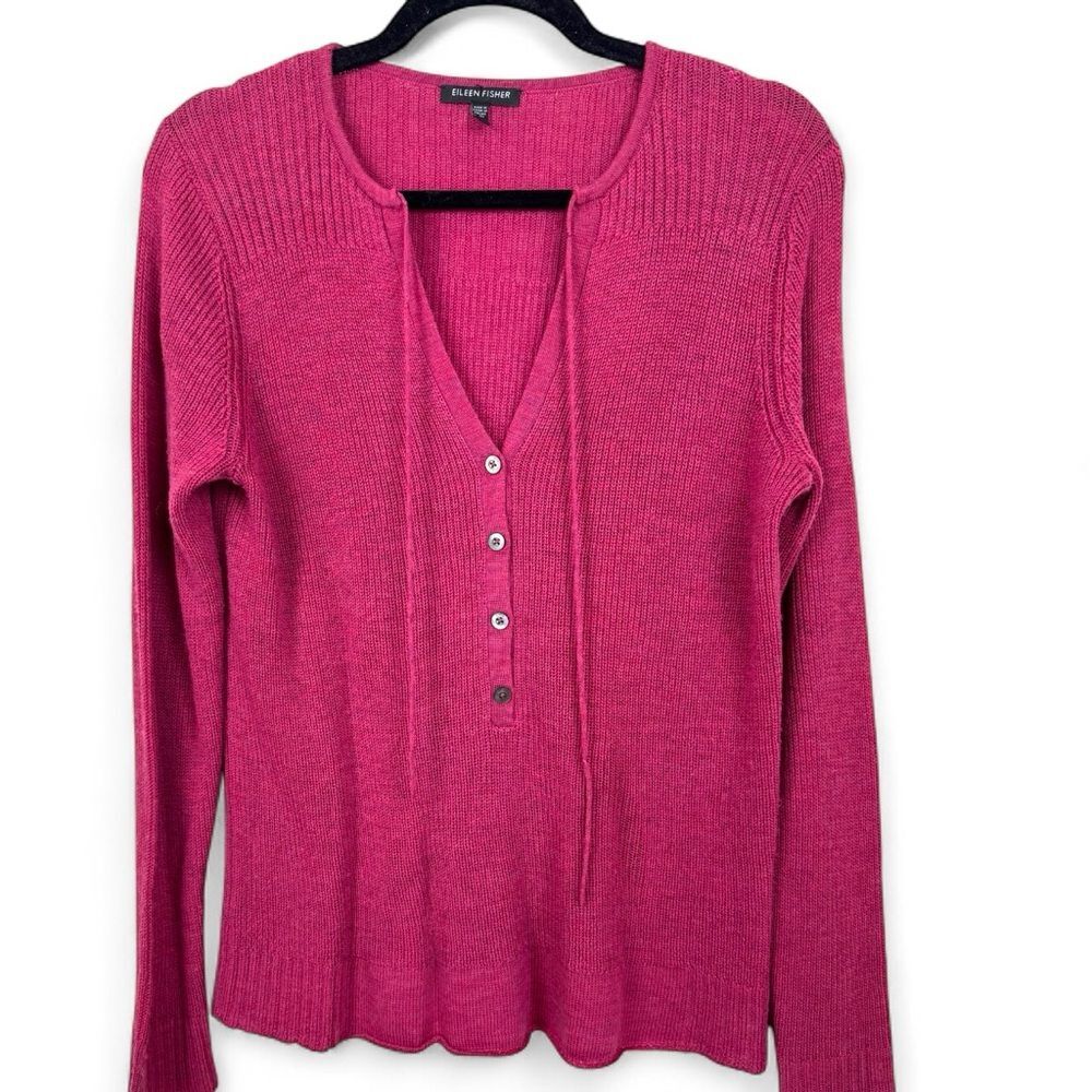 Eileen Fisher Merino Wool Long Sleeve Henley Sweater with Tie Small